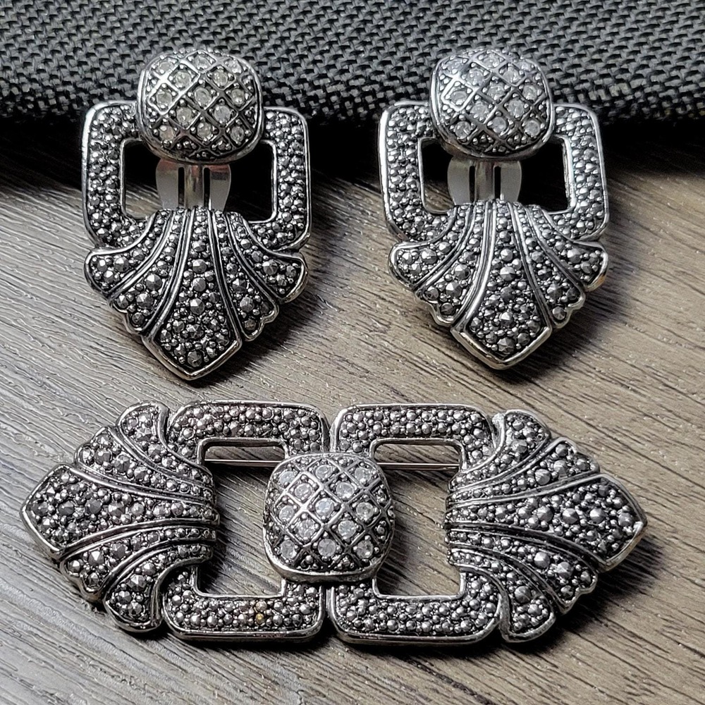 Avon Art Deco Brooch Clip-On Earrings Marcasite Rhinestone Jewelry Set